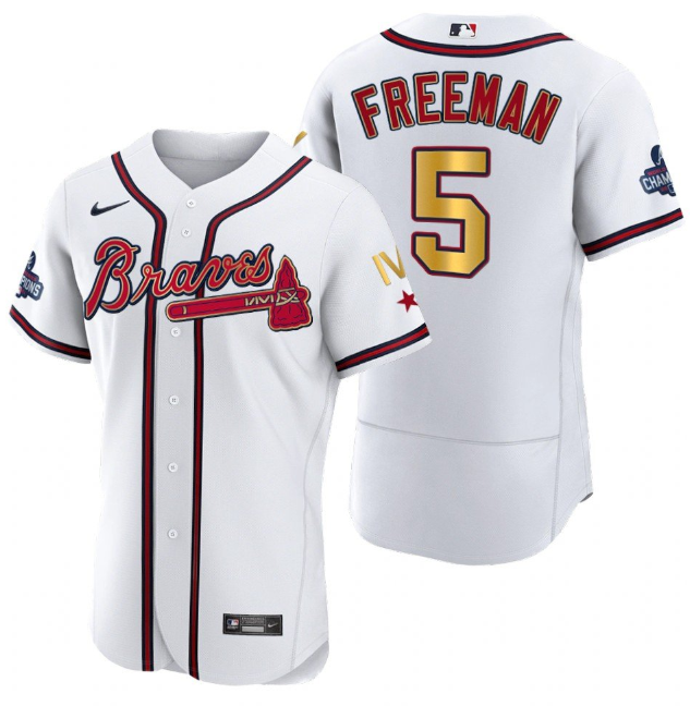 Men's Atlanta Braves #5 Freddie Freeman White Gold World Series Champions Flex Base Stitched Jersey
